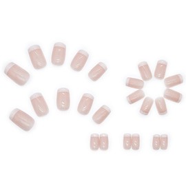 Press On Nails Short Square, Coffin Shape Full Cover Reusable False Nails with Glue, Stick On Nails with French Nude Designs, Artificial Fingernails Acrylic Fake Nails for Women, Glue On Nails Medium