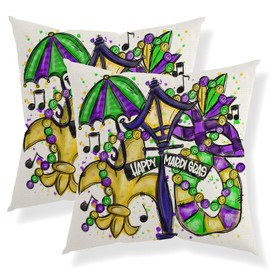 QANOK Mardi Gras Pillow Covers 20x20 Set of 2, Masquerade Mask Fleur de Lis Umbrella Throw Pillows Outdoor Mardi Gras Bead Lamp Yard Decorative Cushion Case Mardi Gras Decorations for Home Couch Sofa