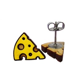 Little Yellow Swiss Cheese Slice Wedge Stud Earrings, Funny Mouse Charcuterie Wood Food Jewelry