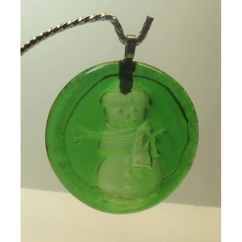 Green Snowman Handmade Up-Cycled Glass Bottle Bottom Sun Catcher Ornament