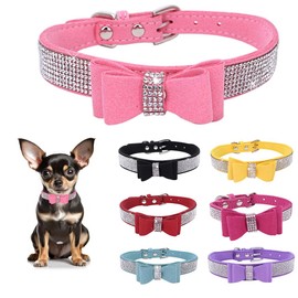 Rhinestone Bowtie Dog Collar for Girls Boys,Cute Dazzling Sparkling Soft Suede Leather Pretty Bling Cat Collars Crystal Diamond Pet for Small Medium Large Puppy Kitty Female Male
