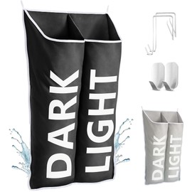 DONAQ Hanging Laundry Hamper Bag XL, Space Saving over the Door Storage Bags, Behind the Door Hampers for Dirty Clothes & Wall Mounted Basket for Bathroom (Black, Double Compartment)