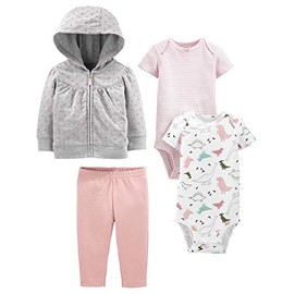 Simple Joys by Carter's Baby Girls' 4-Piece Jacket, Pant, and Bodysuit Set, Grey Dots/Light Pink/Pink Stripe/White Dinosaur, Newborn