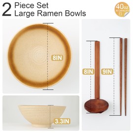 ArtifexCeram 8" Ceramic Ramen Bowl Set of 2, 40oz Japanese Bowls with Spoons & Chopsticks, Durable, Microwave & Dishwasher Safe, Perfect for Ramen, Pho, Salad, Soup, Udon, Noodles (Amber)