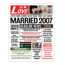 Stuff4 18th Anniversary Poster Unframed - Married In 2007 Newspaper - Happy 18th Wedding Anniversary for Men Women Vintage Gifts Retro Back In 2007, 8x10 Inch Eighteenth Anniversaries Posters