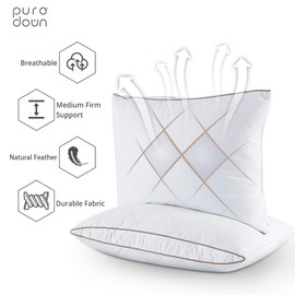 puredown® Natural Goose Down Feather Pillows for Sleeping Oval Gusseted Down Feather Pillow 100% Cotton Pillow Cover with Leaf Quilting Queen Set of 2