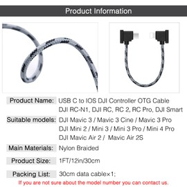 1FT USB C to iOS Remote Controller Cable for DJI Mini 4 Pro, DJI Mavic 3, Mini 2, Mini 3 Pro, Air 2S, Mavic Air 2, DJI RC-N1/RC 2, DJI Drone to Phone/Tablet Cable 90 Degree OTG Data Cord Accessories