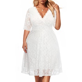 Women Lace V Neck Plus Size Wedding Dress White Bridal Shower Cocktail Ivory Bride Short Evening Semi-Formal Party Dress
