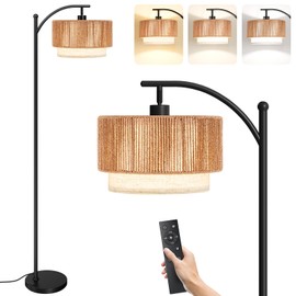 SUNMORY Floor Lamps for Living Room with 12W Remote and Dimmable Bulb, LED Arc Lamp, Farmhouse Floor Lamps with Adjustable Rattan & Fabric Shades, Boho Standing Lamp for Bedroom, Corner, Home Decor