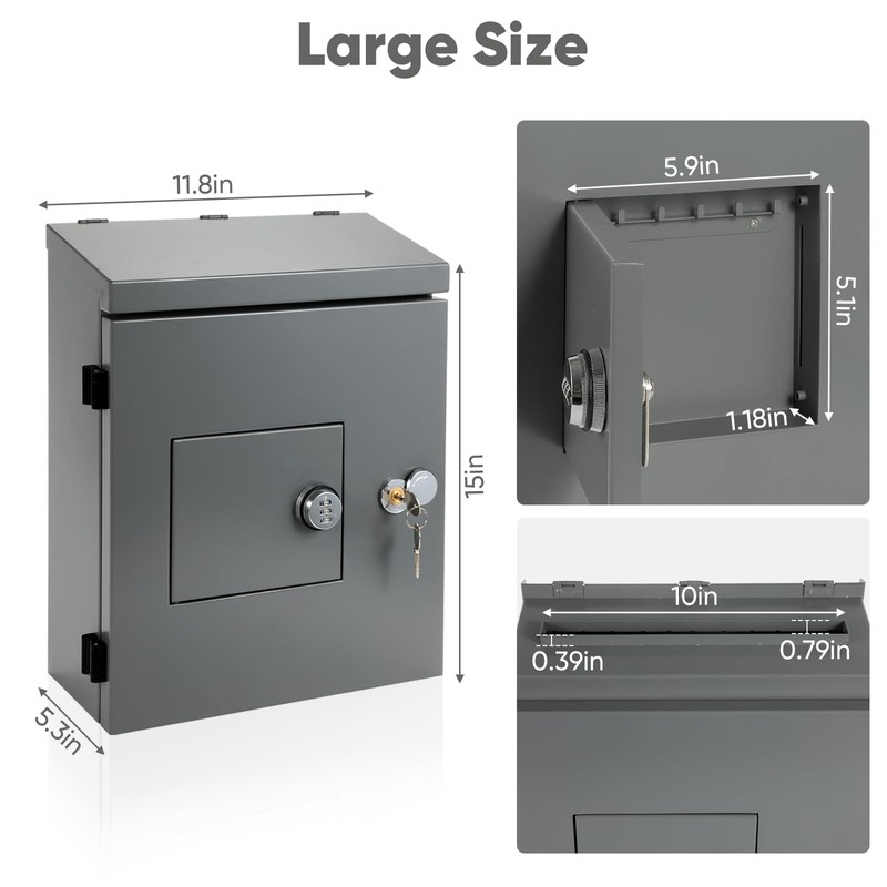 Mailbox with Combination Key Box, Wall Mounted Metal Mailbox, Outdoor
