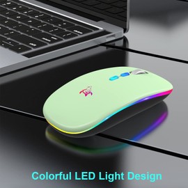 HOTLIFE Wireless Mouse Led Slim Rechargeable Bluetooth Mouse, Ergonomic Design Noiseless Mouse Portable Optical Mouse Silent Click Cordless Mouse with USB Receiver and Type C Adapter (Green)
