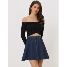 Allegra K Women's Casual Denim Skirt High Waist A-Line Flared Mini Jean Skirts with Belt Large Dark Blue