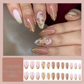 Gold French Tip Press on Nails Medium Almond Fake Nails with 3D Gold Tulip Flower Design Full Cover Glue on Nails Acrylic Almond Nail Tips False Nails French Artificial Nails for Women Manicure 24 Pcs