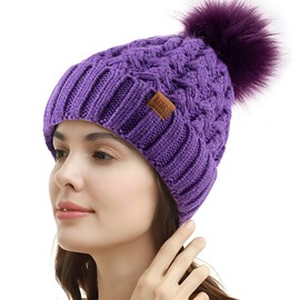 REDESS Women Winter Pompom Beanie Hat Fleece Lined Warm Hats, Thick Slouchy Snow Knit Crossed Cap for Ladies