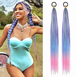 26 Inch Hair Tinsel Colored Braided Ponytail Extension 2 Pack Blue Pink Gradient Hair Extensions Ponytail with Elastic Tie Straight Sleek Wrap Around 