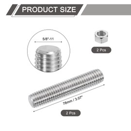 sourcing map 5/8"-11 Fully All Threaded Rod, 2Pcs 304 Stainless Steel Long Threaded Screw 3.07" Length Right Hand Threads for Furniture Mounting Assembly Fastening