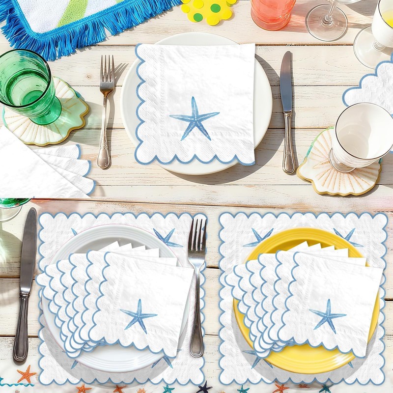 100 Pcs Starfish Light Blue Scalloped Paper Napkins 6.5 x