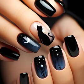 Ceboic 24 Stück Schwarz Künstliche Nägel Kurz Eckig, Glitzer Sternenhimmel French Press on Nails Süßem Katze Kunstnägel Zum Aufkleben, Natürlich Fake Nails, Acryl Falsche Nägel für Frauen