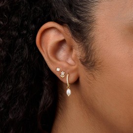 Risamil 3 Pairs Pearl Earrings for Women Trendy, 14K Gold Hoop Earrings Pearl Earrings Cubic Zirconia Studs Hypoallergenic Small Gold Pearl Drop Earrings Hoops Dainty Gold Huggie Earrings Jewelry