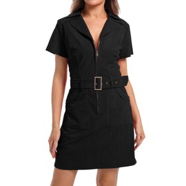HUEOBIR Women's Corduroy Mini Dress with Short Sleeve Lapel Zip Belt Cowgirl Dress with Pockets-(Black-L)