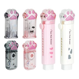 6 Pcs Cute Cat Paw Stationery Set, 2 Pcs Pencil Sharpener Manual, 2 Pcs Retractable Cartoon Eraser and 2 Pcs Correction Tape, Kawaii Pencil Cutter Accessory with Lid for Office Home Girls Gift