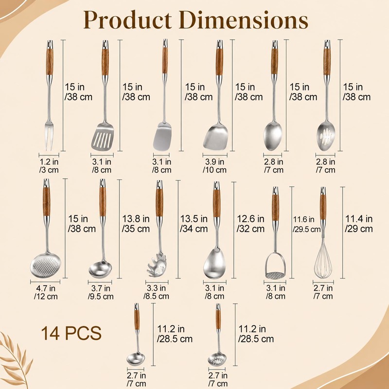 14 Pcs Stainless Steel Kitchen Utensils Set - Wooden Handle