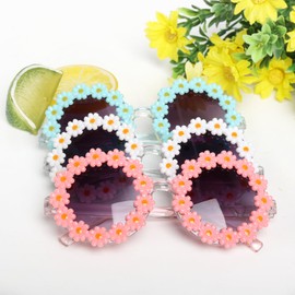 Topbuti Girls Round Daisy Flower Sunglasses Flower Shaped Cute Glasses UV 400 Protection Outdoor Beach Eyewear Girl Boy Gifts (3, White Pink Blue)