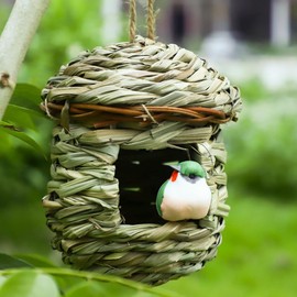 Qttie Hand-Woven Teardrop Shaped Eco-Friendly Birds Cages Nest Roosting,Grass Bird Hut,Hanging Bird House,Cozy Resting Place,100% Natural Fiber,Provides shelter from Cold Weather (Treehouse Shape)