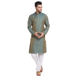 KRAFT INDIA Jacquard Paisley Design Blue Kurta & White Churidar Set S Blue, Ethnic Traditional Wear