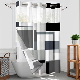 Black Hookless Shower Curtain Set with Snap in Liner, Black Grey White Bathroom Decor, 71x74 Inches, Geometric Bathroom Curtain with Liner and See Through Top Window