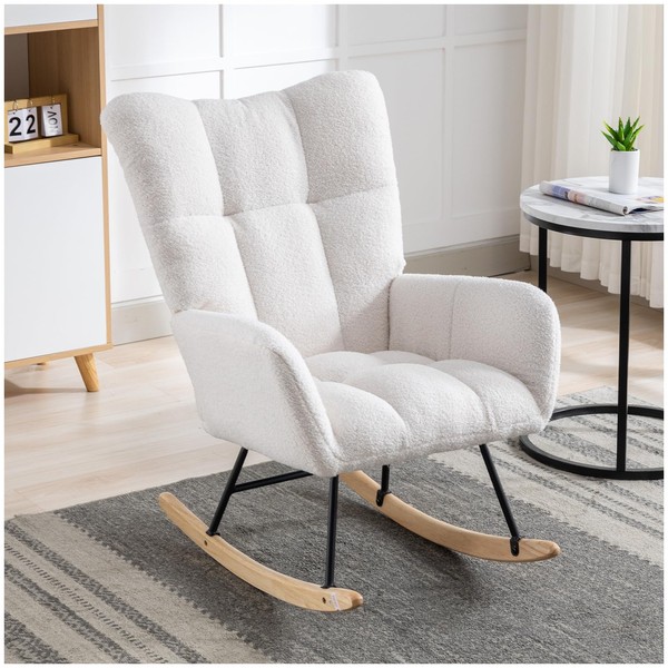 TOQIJUN Nursery Rocking Chair Teddy Upholstered Glider Rocker Rocking Accent Chair Padded Seat with High Backrest Armchair Comfy Side Chair for Living Room Bedroom Balcony (White)