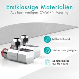 Engelbach® Universal Angle Valve 1/2 Inch Self-Sealing (Set of 2) - Angle Control Valve with Quick Release - Opens and Closes with Only 1/4 Turn - for Cold and Hot Water Pipes