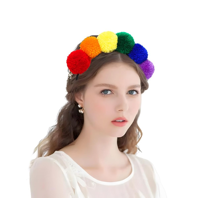 Sprinlot Headband with Pompoms Colourful, Pompom Tiara Rainbow, Rainbow Headband,
