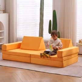 jela Kids Couch Extended Size 8PCS for Family, Floor Sofa Couch Modular Funiture for Kids Adults, Playhouse Play Set for Toddlers Babies, Modular Foam Play Couch Indoor 66" x 33" x 22" Yellow