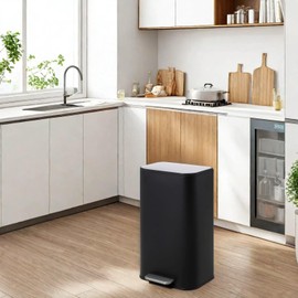 ChicHabitat 8 Gallon Step Trash Can with Lid, Stainless Steel Kitchen Garbage Can, Soft Close Waste Bin with Removable Inner Bucket for Home Bathroom Office Laundry Room, Black