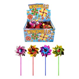 eMKay® Pack of 12 Foil Rainbow Windmills for Kids – Colourful Pinwheels with 30cm Sticks – For Garden Decoration, Party Bags, DIY Crafts, Events & Bird Deterrent