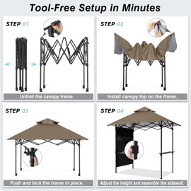 ABCCANOPY 8x5 Pop Up Grill Gazebo - Outdoor BBQ Canopy with Shelf & Sidewall, Portable Barbeque Shelter with 2 Magnetic LED Lights, Carry Bag for Patio Garden Events Picnic Grilling, Khaki