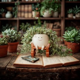 Ahilzam Smily Face Planter Pot Cute Smile Flower Planter for Indoor Outdoor, Resin Rocking Chair with Drainage Hole, Pearls Succulent Pots Unique Ideals Gift (Small)