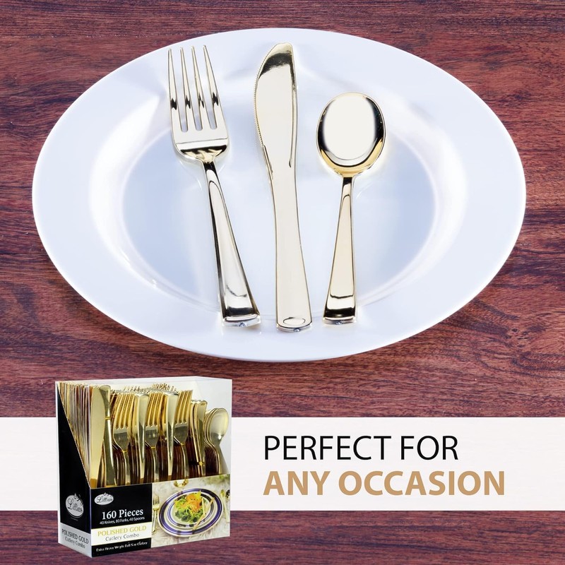 Gold Plastic Silverware Set, 160 Count, Extra Heavy Duty Flatware,