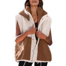 Nirovien Womens Sherpa Vest Winter Quilted Sleeveless Fleece Jackets Outerwear Button Down Puffer Vest Padded Gilet(Beige-Brown,S)
