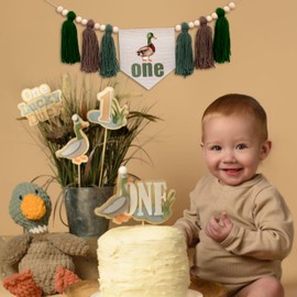 GIOGUK One Lucky Duck High Chair Banner - Mallard Duck 1st Birthday Party Decorations, Duck Hunting Theme, Farm Animal Themed Tassel Banner, Anniversary Party Supplies(One Duck LSbanner)
