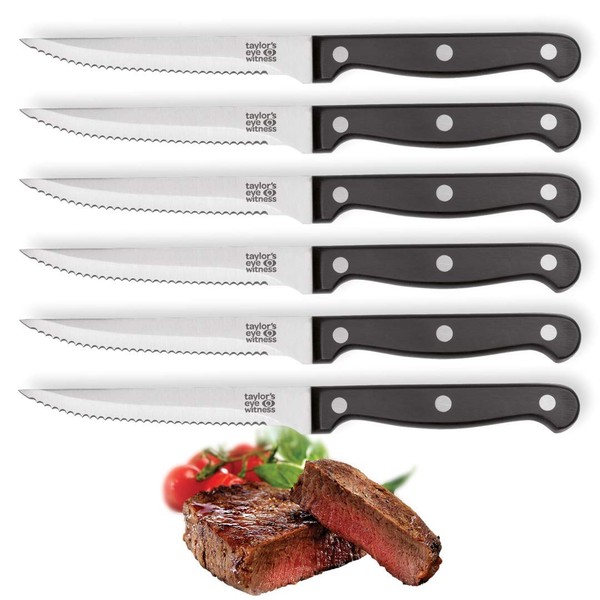 6 Piece Steak Knife Set - Six Traditional Knives. Sleek Triple Rivet Black Composite Handles. Strong Full Tang Stainless Steel Serrated/Scalloped Blades For Tough Cuts of Meat. Built to Last