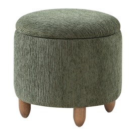 OSP Home Furnishings Lyra Contemporary Round Storage Ottoman with Medium Oak Legs, Pine Green Fabric