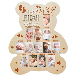 Apeso My First Year Photo Display Wood Board - 12 Months Picture Frame for Baby First Birthday - Baby Milestone Keepsake Nursery Decor Gift for Boy Girl (Cute Bear Photo Frame)