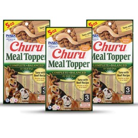 INABA Churu Meal Topper for Dogs, Complete & Balanced, Creamy, Lickable Purée Dog Food Toppers, 1.69 Ounce Tube, 9 Tubes (3 per Pack), Tuna with Beef Recipe