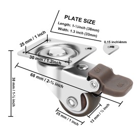1" Caster Wheels, Set of 4, Heavy Duty Casters with Brake, Silent Locking Rubber Wheels, Swivel Plate Castors for Furniture, Dolly, Cart, Workbench, Hand Truck, Industrial.