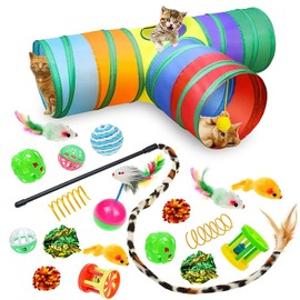 20 PCS Cat Toys Kitten Toys Set, Interactive Pet Toys Assortments 3 Ways Tunnel Catnip Toy Kitten Feather Wand Cats Teaser Toy Springs Mice Variety of Balls and Bells for Indoor & Outdoor Playing