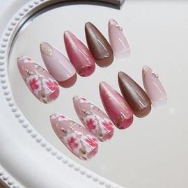 24Pcs Pink Press on Nails Medium Almond Fake Nails with 3D Pearl Rhinestone Designs Peach Blossom Stick on Nails French Tip Nails Press on Spring Summer Acrylic Nails Flower Glue on Nails for Women