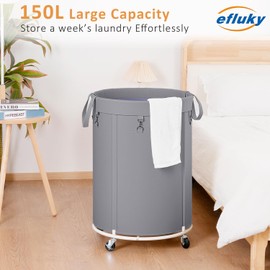 efluky 150L Laundry Basket with Wheels, Large Rolling Laundry Hampers with Handles for Bathroom, Bedroom & Laundry Room, Grey