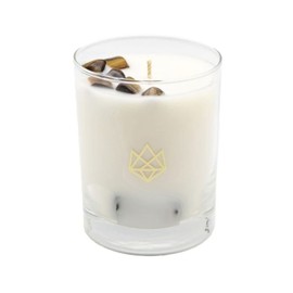 Aluminate Life Luxury Glass Jar Candle, 14.5 OZ, Strength - Tiger Eye Crystal Infused - Scents of Cedarwood, Amber, & Sage - Power, Courage, & Expansion - Coconut Wax, Essential Oils, Dr. Developed